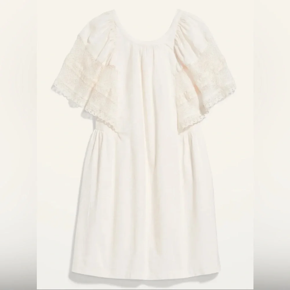 OLD NAVY Off-White Cream Flutter Lace Sleeve Swing Mini Midi Dress Open-Back M - Picture 6 of 16